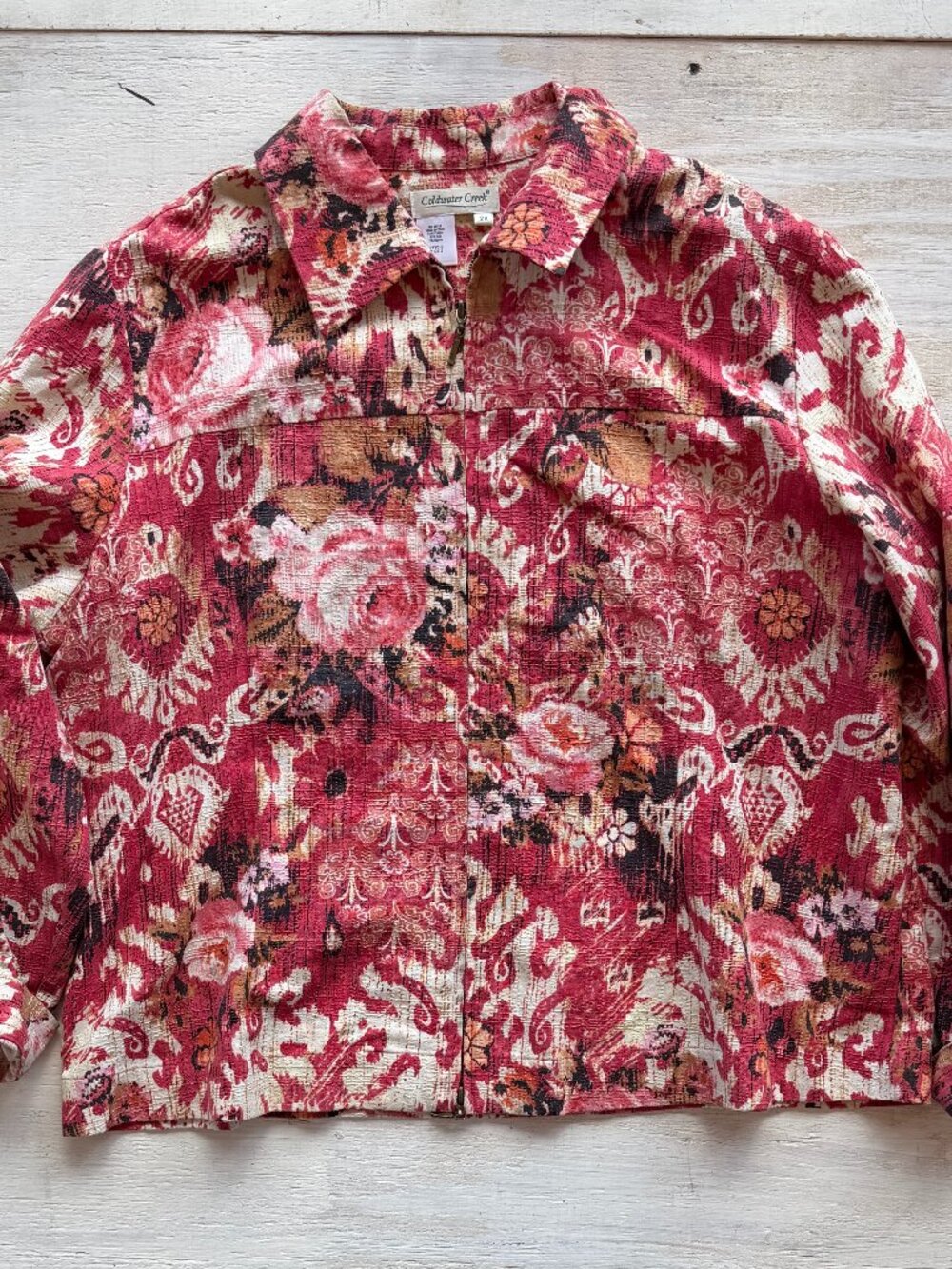 VTG Coldwater Creek Red Floral Tapestry Zip Front Jacket Shacket Plus Size 2X